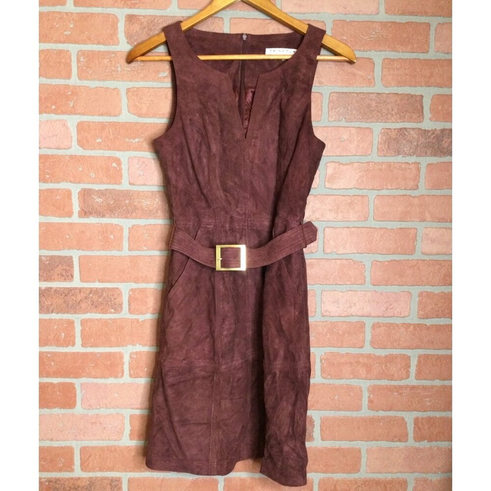 Trina Turk Sultana Belted Suede Mini Dress Brandy Wine Goat Leather Size 0
